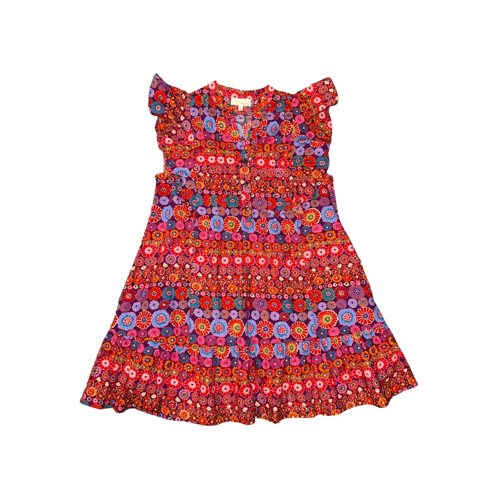 Pinch Dress Women Large Red Purple Floral Medallion Tiered Flutter Sleeve